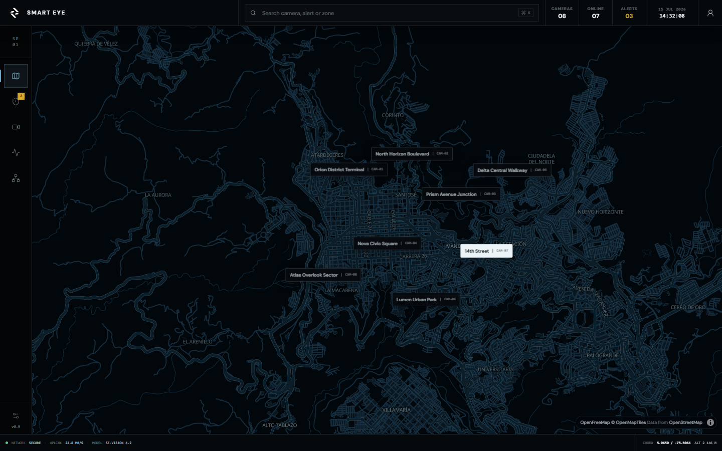 Smart Eye operations map showing camera locations across the city